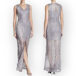 Marina Silver lace embroidery full length sleeveless v neck formal dress gown 8
